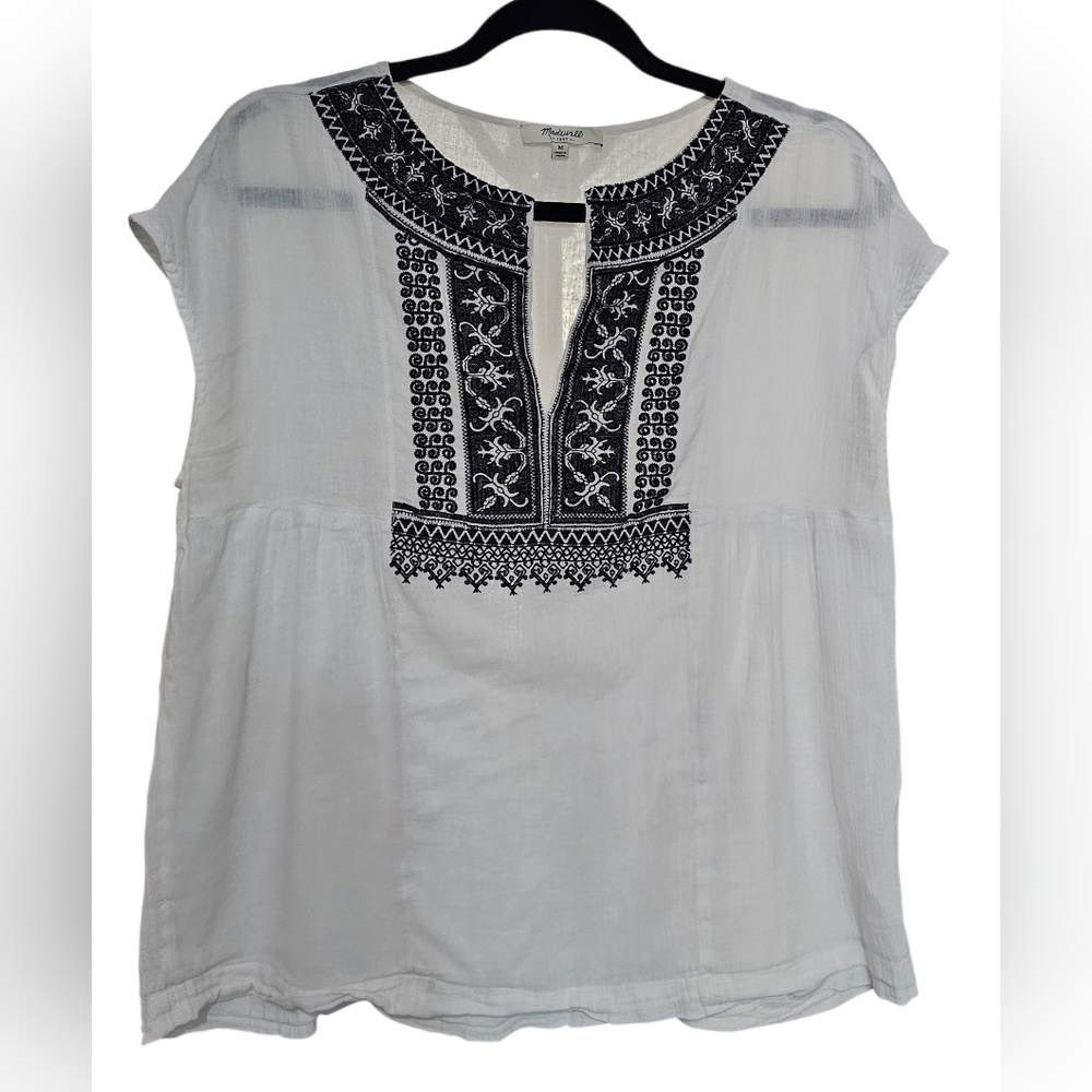 Madewell Women Gauze Top Chic White Blouse Black Embroidery Boho Size Medium